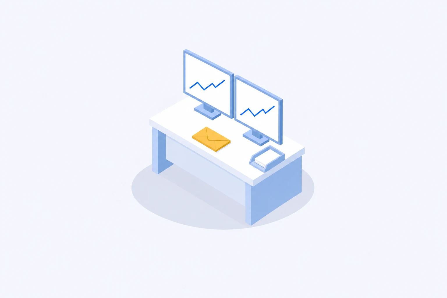 Isometric illustration of the analyst desk: two monitors with price charts and an envelope on the desktop
