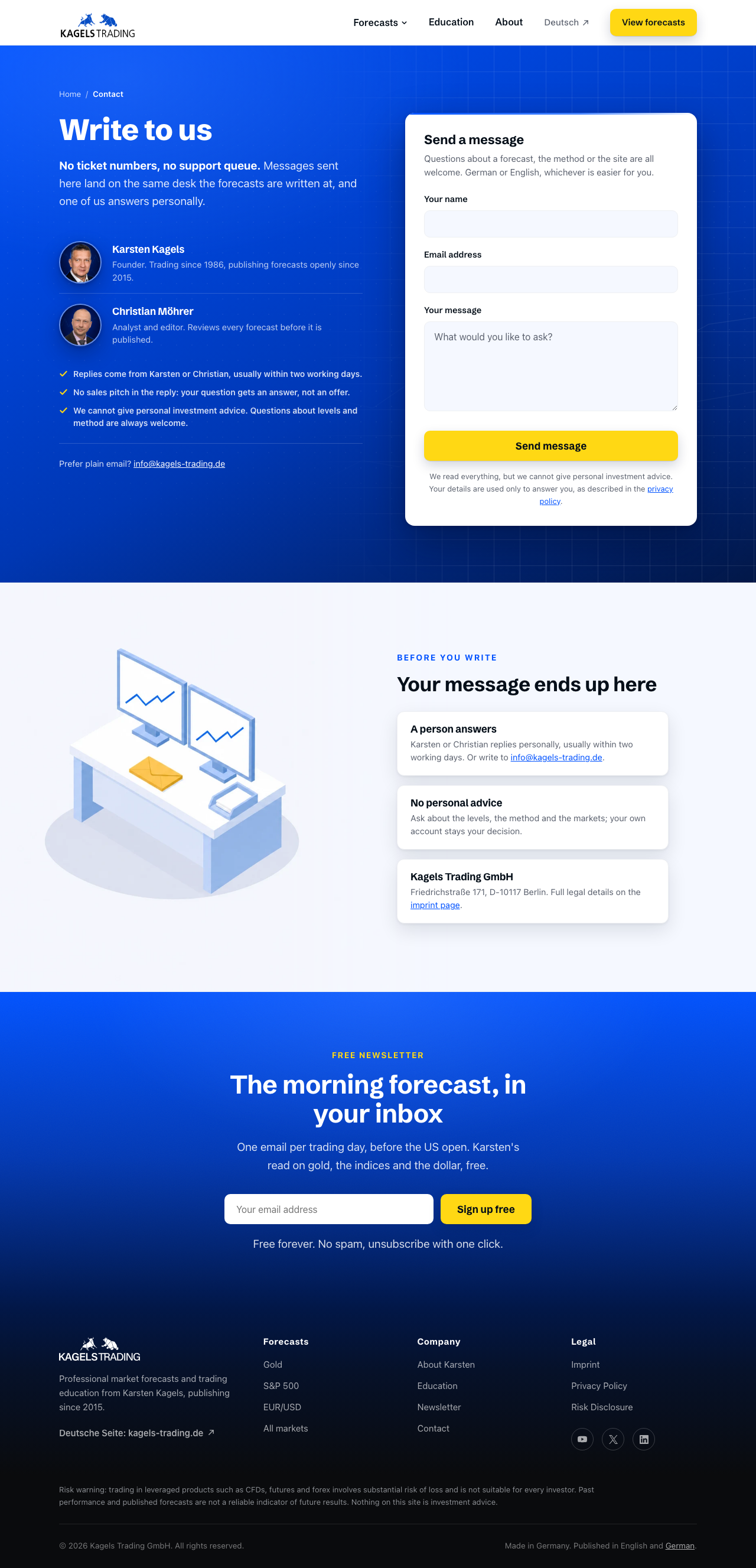 Contact page with the message form in the hero