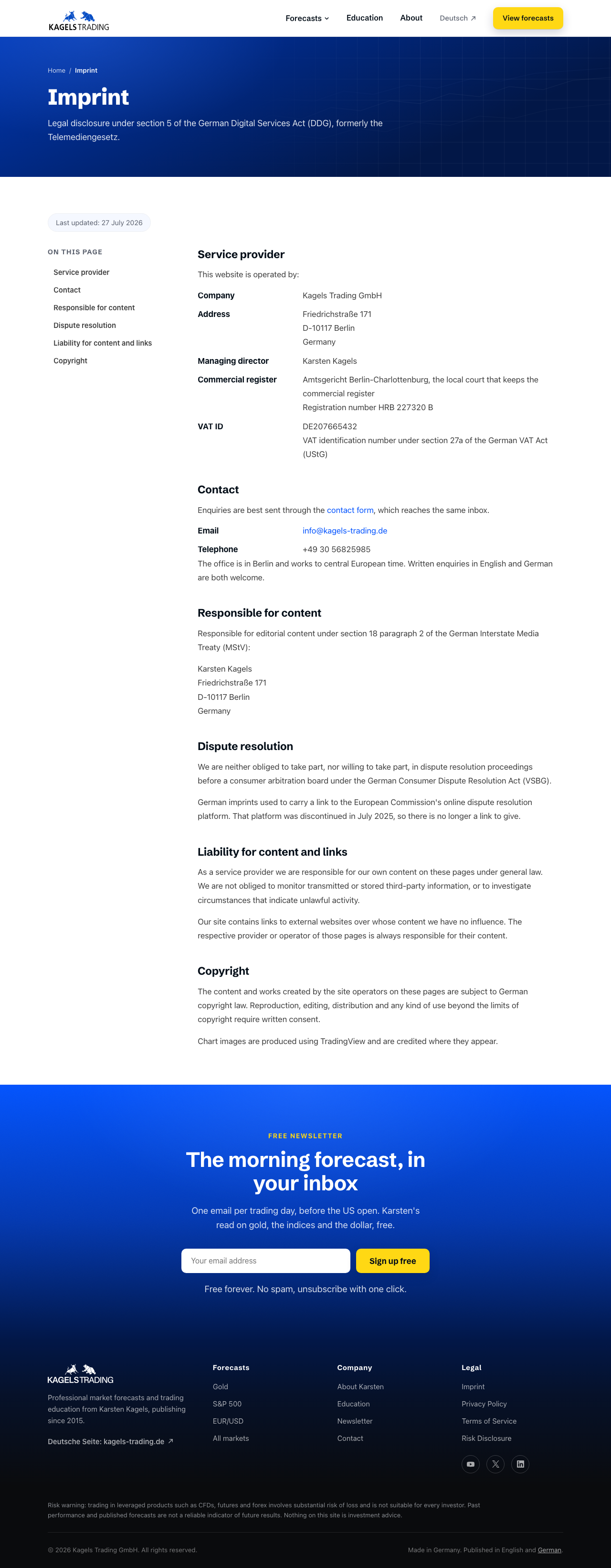 Imprint page, one of the three legal pages
