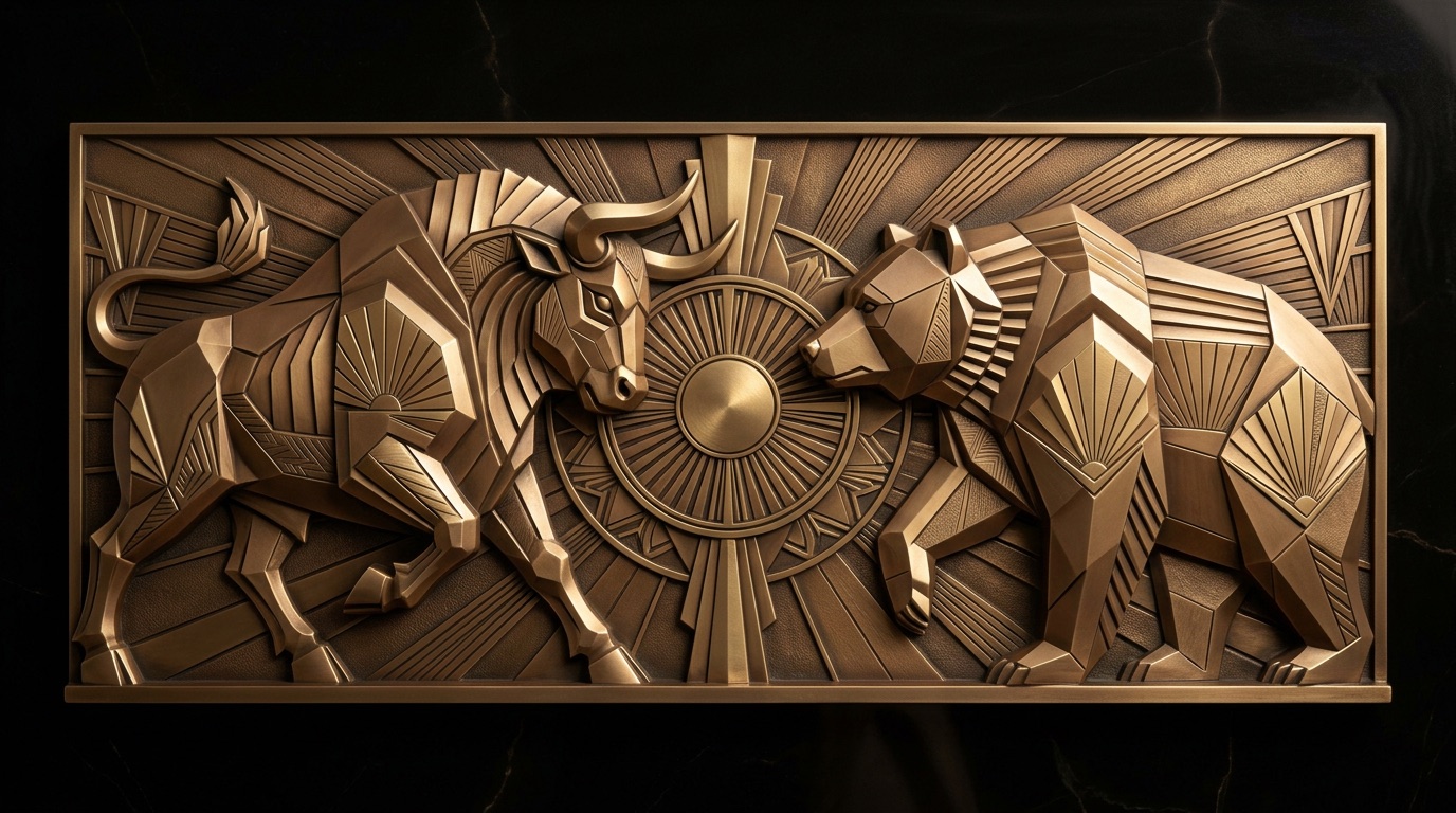 Art deco bronze relief of a bull and a bear facing one another