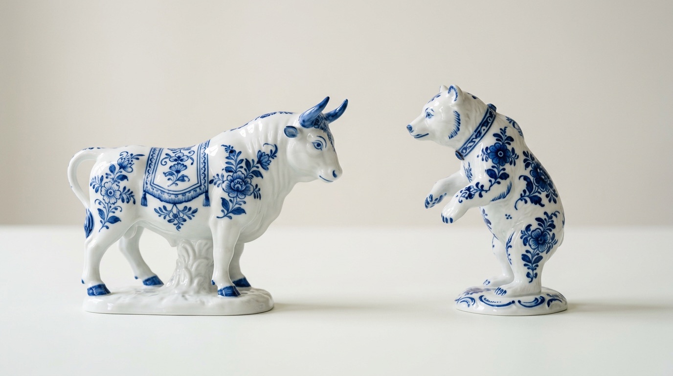 The bull and the bear as white porcelain figurines with cobalt painted detailing, facing each other