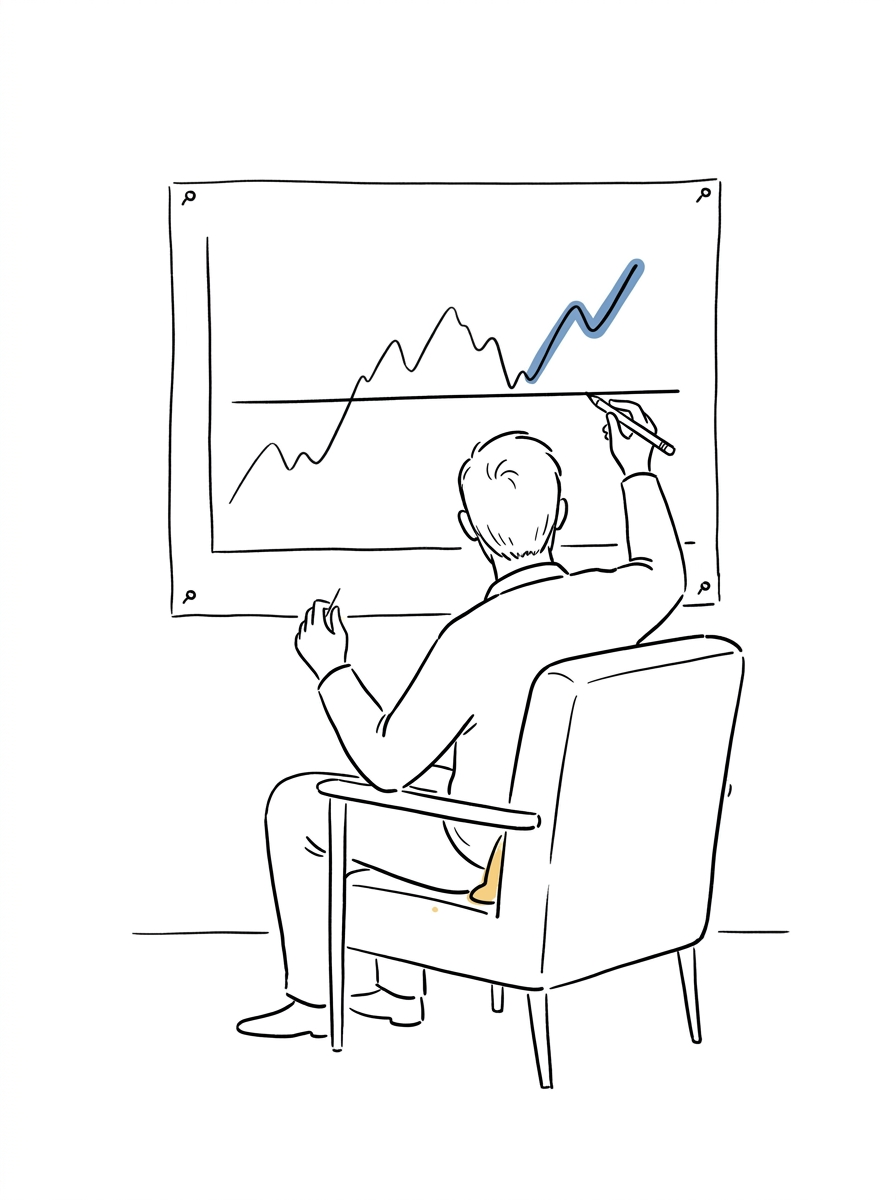 Ink line illustration of a trader studying a large chart