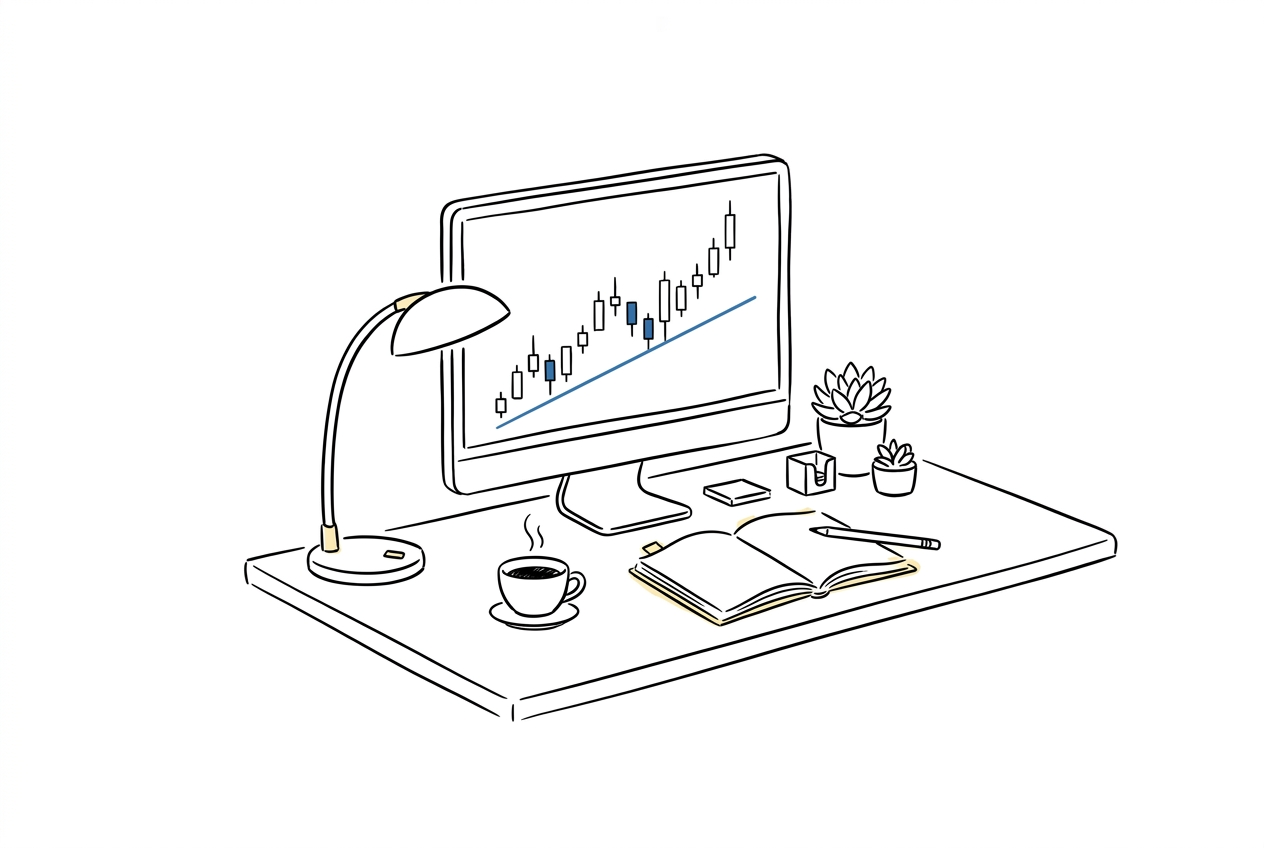 Ink line illustration of a tidy trading desk with a rising chart on the monitor