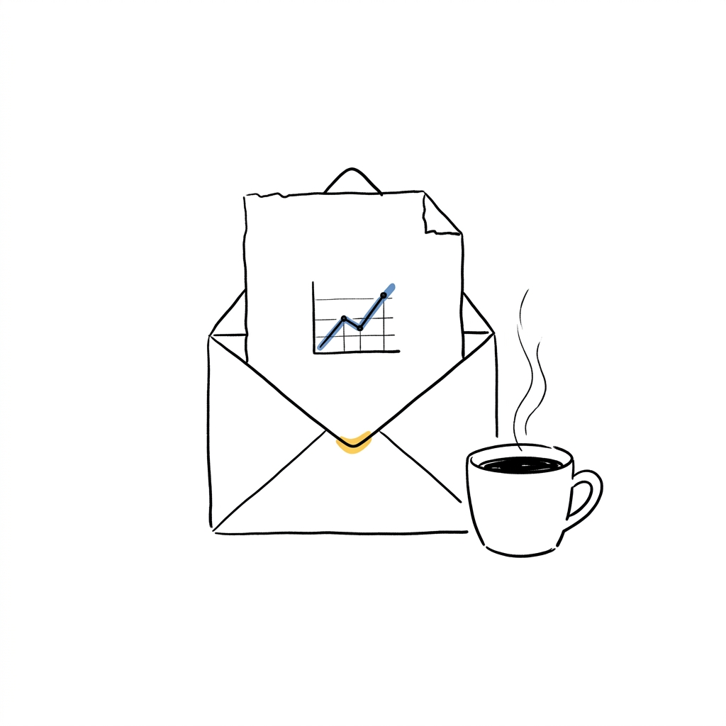 Ink line illustration of an open envelope with a small chart