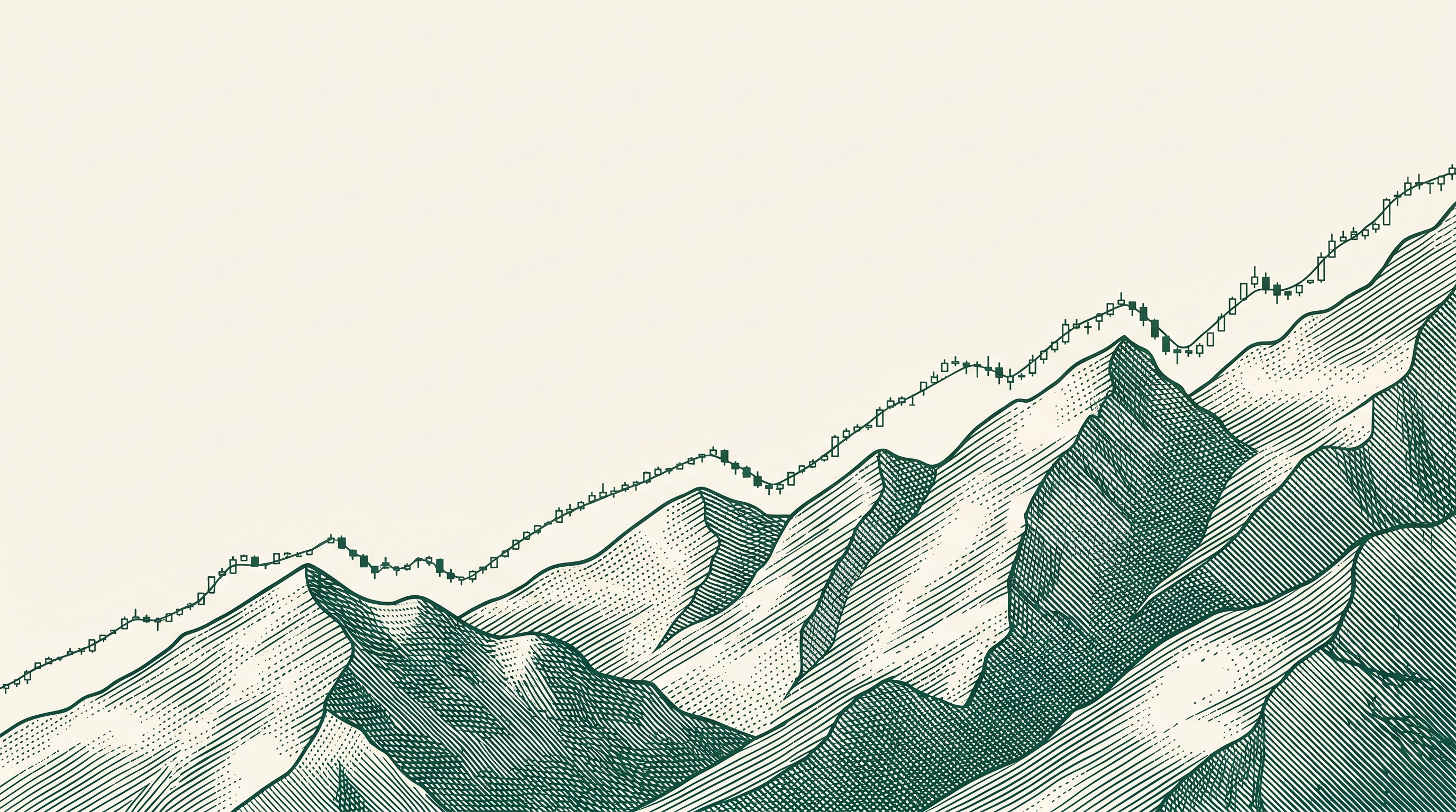 Engraving-style illustration of a rising market chart across ridge lines