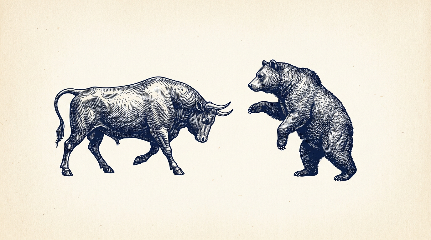 Engraving of a bull and a bear facing each other
