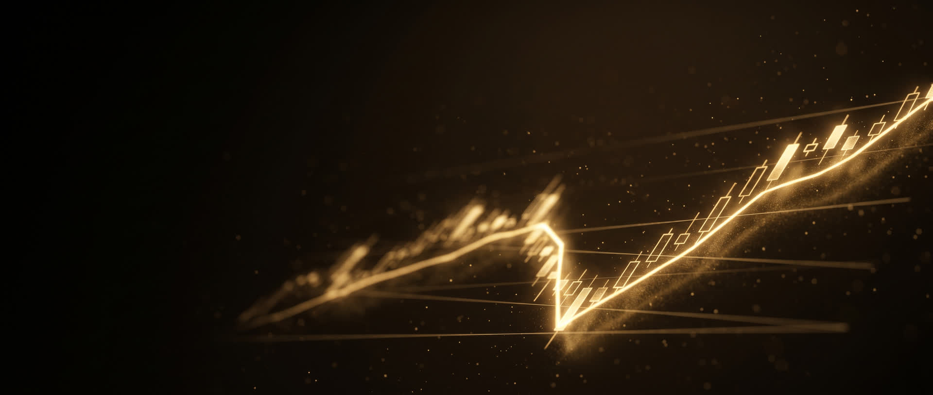 Film still of a glowing gold candlestick chart